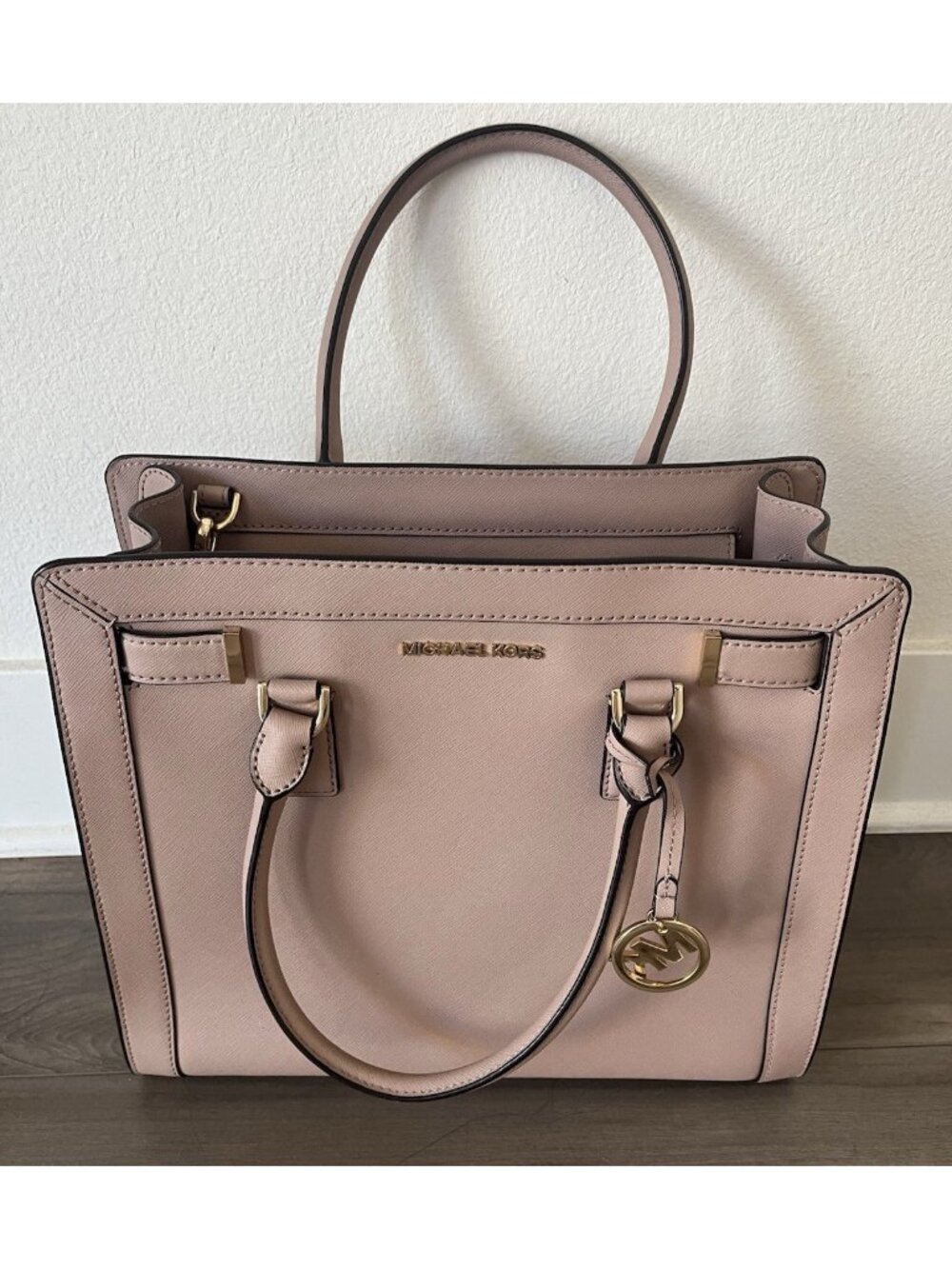 Michael Kors Blush Pink Saffiano Leather Satchel Crossbody Bag Gold Charm